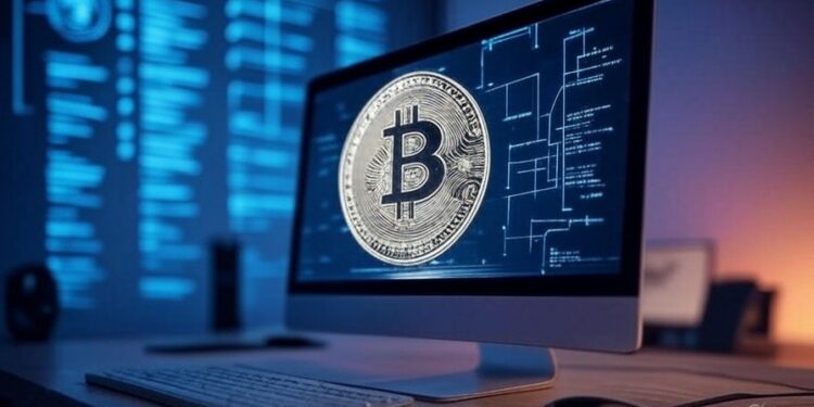 Imagen elaborada con Grok a partir del texto: "genera una imagen de una computadora corriendo un nodo de Bitcoin en un entorno tecnológico e informático. El formato debe ser 16:9".
