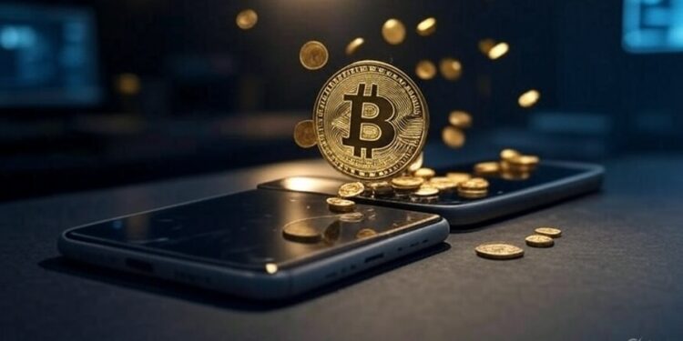 Imagen creada por Grok a partir del texto: "genera una imagen de dos dispositivos móviles enviando BTC. Usa un estilo realista y un formato 16:9".