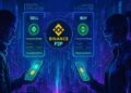 Una mujer y un hombre jovenes, uno frente al otro, cada uno con un celular en la mano haciendo comercio P2P de criptomonedas en la app de Binance.