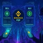 Una mujer y un hombre jovenes, uno frente al otro, cada uno con un celular en la mano haciendo comercio P2P de criptomonedas en la app de Binance.