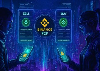 Una mujer y un hombre jovenes, uno frente al otro, cada uno con un celular en la mano haciendo comercio P2P de criptomonedas en la app de Binance.