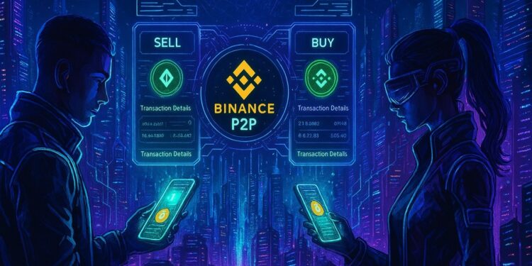 Una mujer y un hombre jovenes, uno frente al otro, cada uno con un celular en la mano haciendo comercio P2P de criptomonedas en la app de Binance.