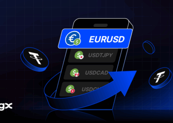 Móvil con pares de trading, resaltado en azul el par EUR/USD, con flecha azul saliendo de la pantalla y monedas de USDT flotando al fondo. Logo de BingX.