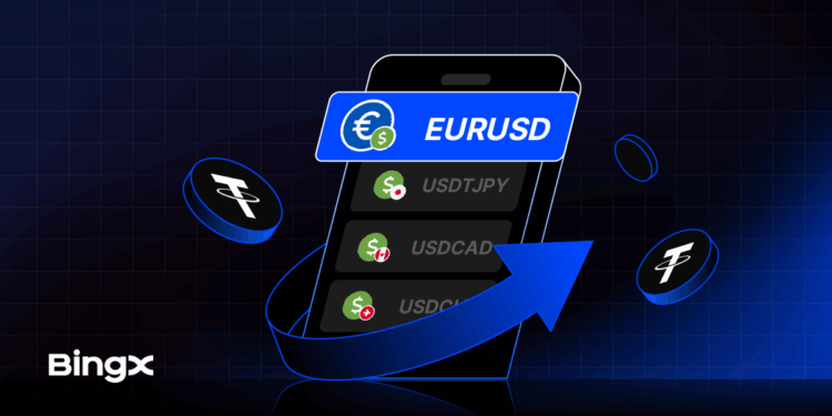 Móvil con pares de trading, resaltado en azul el par EUR/USD, con flecha azul saliendo de la pantalla y monedas de USDT flotando al fondo. Logo de BingX.