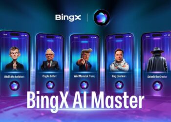 Cinco dispositivos móviles con avatares en fondo púrpura y azul con logo de BingX.