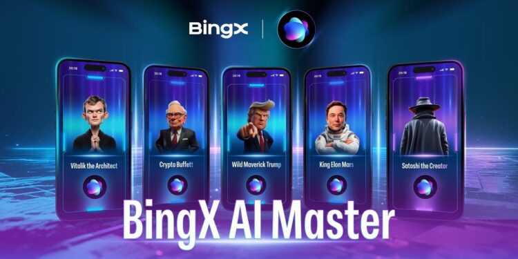 Cinco dispositivos móviles con avatares en fondo púrpura y azul con logo de BingX.