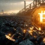 un mundo en colapso en color sepia y un bitcoin brillante sobre ello.