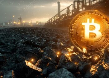 un mundo en colapso en color sepia y un bitcoin brillante sobre ello.