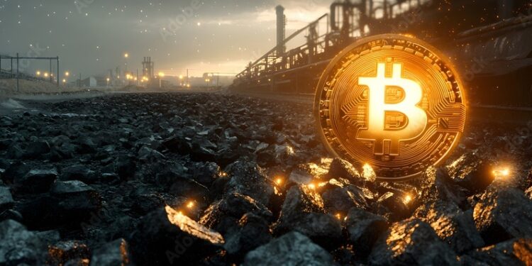un mundo en colapso en color sepia y un bitcoin brillante sobre ello.