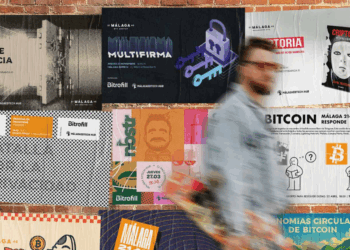 Una persona caminando por una calle y de fondo se aprecian carteles de bitcoin.