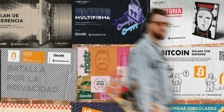 Una persona caminando por una calle y de fondo se aprecian carteles de bitcoin.