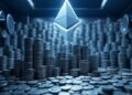 Grok: genera una imagen de una boveda llena de monedas de plata. De fondo añade una criptomoneda de Ethereum. Usa un estilo tecnologico. El formato debe ser 16:9.