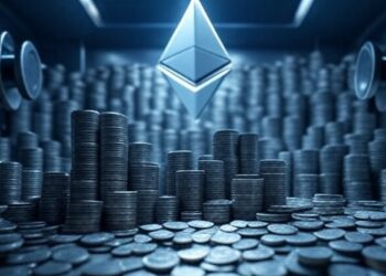Grok: genera una imagen de una boveda llena de monedas de plata. De fondo añade una criptomoneda de Ethereum. Usa un estilo tecnologico. El formato debe ser 16:9.