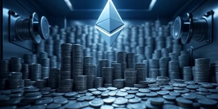 Grok: genera una imagen de una boveda llena de monedas de plata. De fondo añade una criptomoneda de Ethereum. Usa un estilo tecnologico. El formato debe ser 16:9.