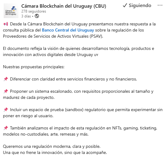 Uruguay Blocchain Chamber Proposals to improve regulation on digital assets.