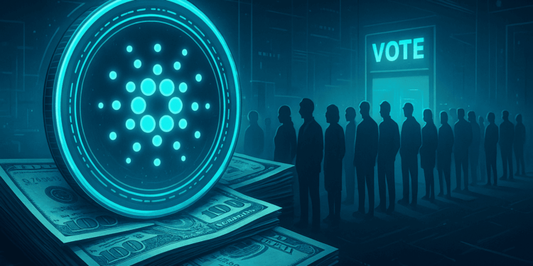 Imagen elaborada con Grok a partir del siguiente texto: "genera una imagen de una moneda de Cardano rodeada de billetes de dólares estadounidenses. De fondo añade personas haciendo fila para ingresar a una votación. Usa un estilo futurista y tecnológico. El formato debe ser 16:9".