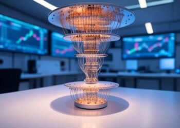 computadora cuántica en laboratorio y gráficos de trading.