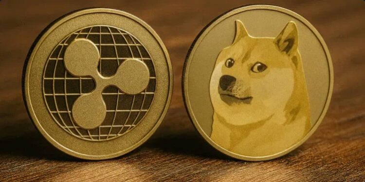 Monedas físicas de XRP y dogecoin (DOGE) arriba de una mesa.