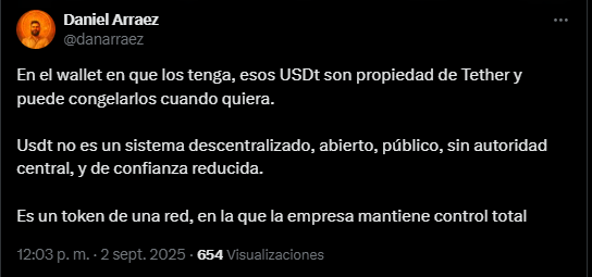 Un tuit sobre USDT y el BCV compartido por el economista venezolano Daniel Arraez.