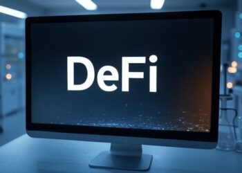 Pantalla con las letras DeFi. De fondo un laboratorio .