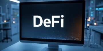 Pantalla con las letras DeFi. De fondo un laboratorio .
