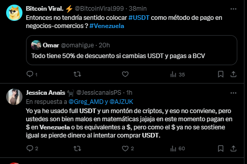 Comentarios de los usuarios en X sobre el uso de USDT para pagos en Venezuela.
