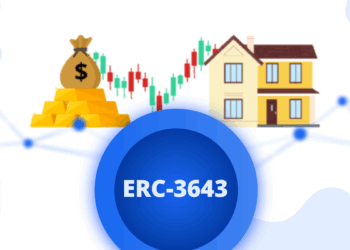 Token, ficha circular de color azul, con la inscripción ERC-3643 y dibujos de una casa, una pila de barras de oro y una bolsa de dinero, detrás.