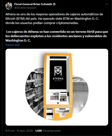 Un tuit del fiscal General Brian Schwalb sobre el caso de Athena Bitcoin.