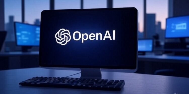 Grok: genera una imagen de una computadora con el logo de OpenAI. Usa un estilo futurista. El formato debe ser 16:9