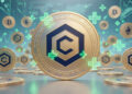 Criptomonedas flotando, entre signos de más, verdes.