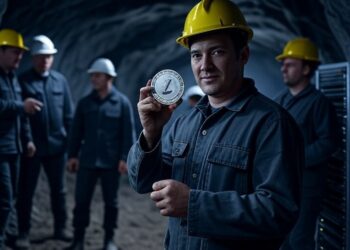 Grok: genera una imagen de una cueva minera con trabajadores. Añade un centro de computación y una moneda de plateada de Litecoin. El formato debe ser 16:9.