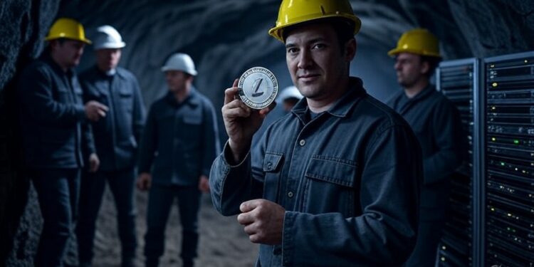 Grok: genera una imagen de una cueva minera con trabajadores. Añade un centro de computación y una moneda de plateada de Litecoin. El formato debe ser 16:9.