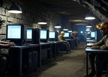 Imagen elaborada mediante Grok a través del texto: "genera una imagen de una cueva minera con operadores trabajando allí dentro con computadoras. El formato debe ser 16:9".