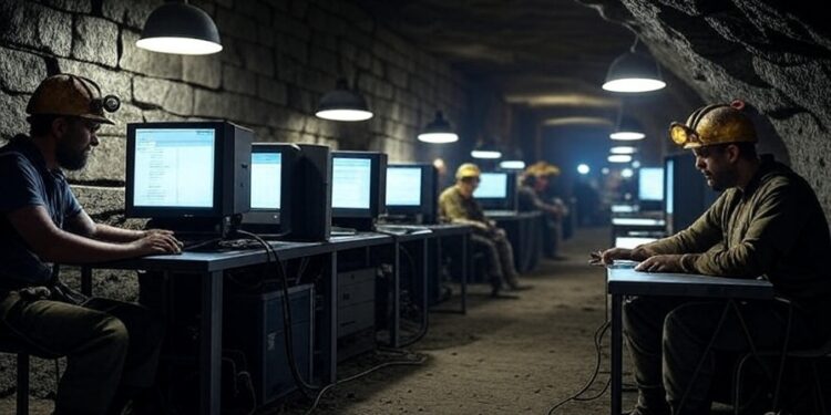 Imagen elaborada mediante Grok a través del texto: "genera una imagen de una cueva minera con operadores trabajando allí dentro con computadoras. El formato debe ser 16:9".