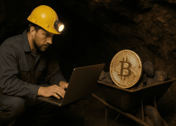 Imagen elaborada mediante Grok con el texto "genera una imagen de un obrero trabajando en una cueva minera con una computadora. Añade una moneda de Bitcoin en una carretilla. El formato debe ser 16:9."