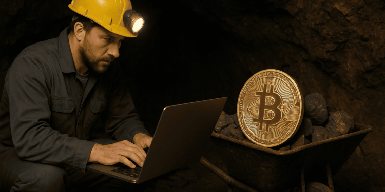 Imagen elaborada mediante Grok con el texto "genera una imagen de un obrero trabajando en una cueva minera con una computadora. Añade una moneda de Bitcoin en una carretilla. El formato debe ser 16:9."