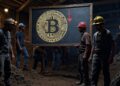 Imagen elaborada con Grok a partir del texto "genera una imagen de una cueva con mineros trabajando. Añade una moneda de Bitcoin en un pizarrón junto a una flecha roja descendente. El formato debe ser 16:9".