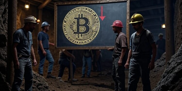 Imagen elaborada con Grok a partir del texto "genera una imagen de una cueva con mineros trabajando. Añade una moneda de Bitcoin en un pizarrón junto a una flecha roja descendente. El formato debe ser 16:9".