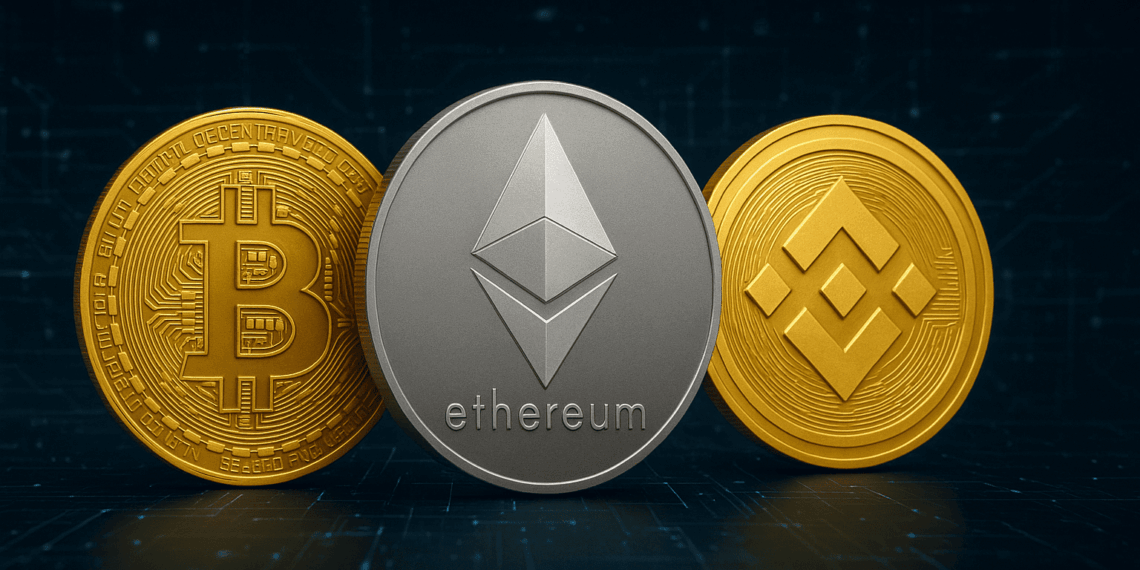 Imagen generada con Grok a partir del texto: "elabora una imagen de una moneda de Bitcoin, una moneda de Ethereum y una de la BNB Chain. Añade un fondo de estilo tecnológico. El formato debe ser 16:9".