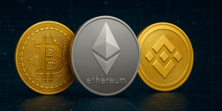 Imagen generada con Grok a partir del texto: "elabora una imagen de una moneda de Bitcoin, una moneda de Ethereum y una de la BNB Chain. Añade un fondo de estilo tecnológico. El formato debe ser 16:9".