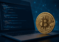 Imagen elaborada con Grok a través del texto: "genera una imagen de una computadora corriendo un nodo de Bitcoin. Añade un fondo tecnológico y una moneda de BTC".
