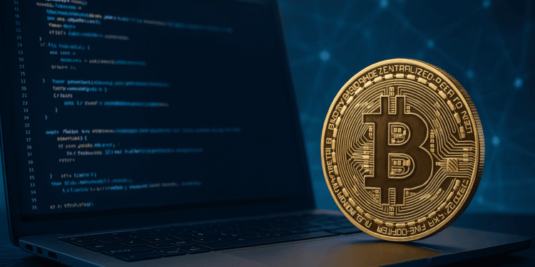 Imagen elaborada con Grok a través del texto: "genera una imagen de una computadora corriendo un nodo de Bitcoin. Añade un fondo tecnológico y una moneda de BTC".
