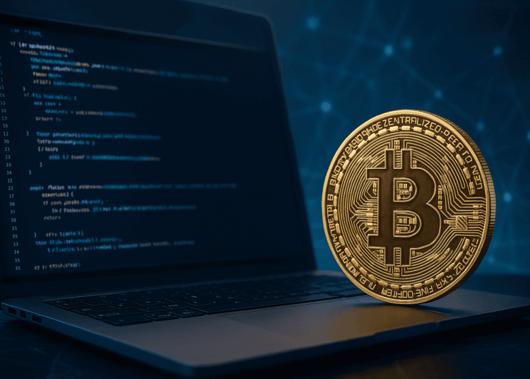 Imagen elaborada con Grok a través del texto: "genera una imagen de una computadora corriendo un nodo de Bitcoin. Añade un fondo tecnológico y una moneda de BTC".