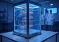 Texto en Grok: genera una imagen de una computadora cuantica en un laboratorio fisico-quimico. Usa un estilo futurista. El formato debe ser 16:9".