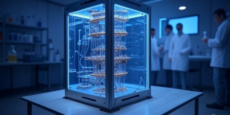 Texto en Grok: genera una imagen de una computadora cuantica en un laboratorio fisico-quimico. Usa un estilo futurista. El formato debe ser 16:9".