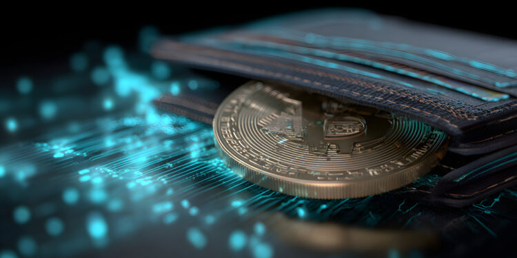 Billetera con una moneda de Bitcoin dentro, sobre circuítos de luz azul