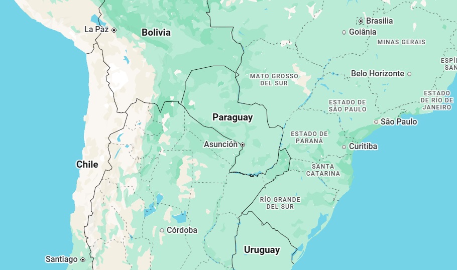 Mapa que muestra una parte de suramérica aparecen países como Bolivia Paraguay Uruguay Chile y Brasil