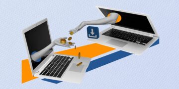 dos laptops abiertas con brazos que brotan de las pantallas entregando y recibiendo monedas