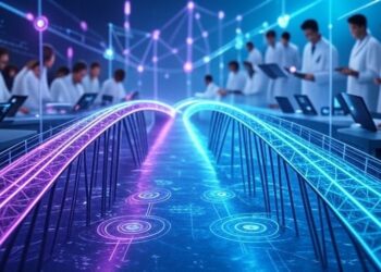 Imagen generada con Grok a partir del texto: "Elabora una imagen en formato 16:9. La escena debe representar un paisaje digital futurista con un puente brillante que conecta dos nodos avanzados de blockchain".