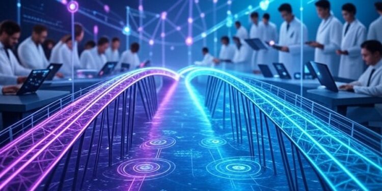 Imagen generada con Grok a partir del texto: "Elabora una imagen en formato 16:9. La escena debe representar un paisaje digital futurista con un puente brillante que conecta dos nodos avanzados de blockchain".